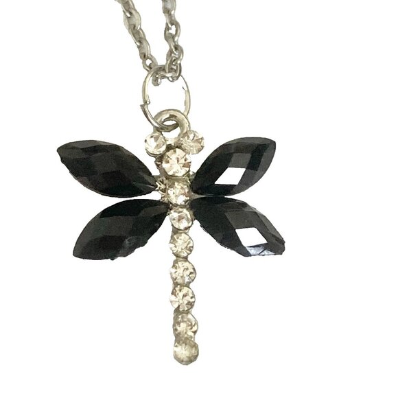 Vintage Dragonfly Necklace Insect Crystal Silver Plated Black Cord Stainless 18" - Picture 2 of 10